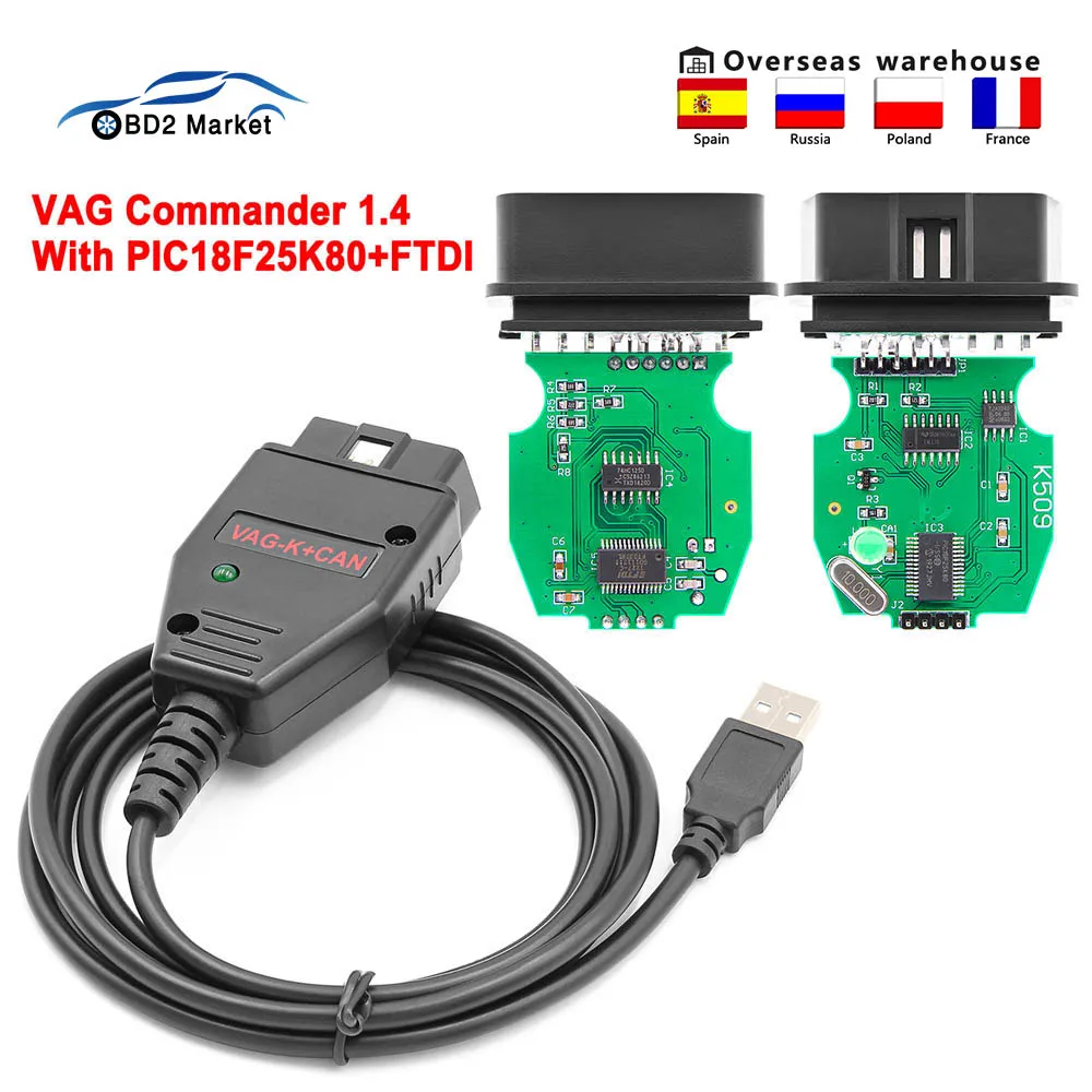 

For VW/AUDI/Skoda/Seat VAG Commander 1.4 K CAN FTDI PIC18F25K80 OBD2 OBD 2 VAG K+CAN Car Diagnostic Tools Interface K-line Cable
