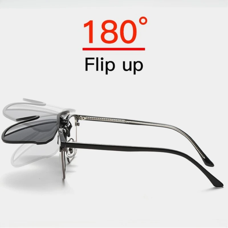 Trendige Clip-On-Sonnenbrille mit großem Rahmen für Herren, polarisierte, hochklappbare Sonnenbrille, fahrergeeignet, Spiegelglas, blau-rot polarisierende Gläser – Detail 3