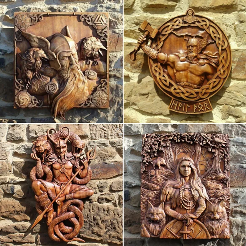 

Odin Ravens Viking Mythology Icon Wall Sculptures Norse Thor Imitation Wood Pagan Gods Carving Wall Hanging Decor Home Kitchen