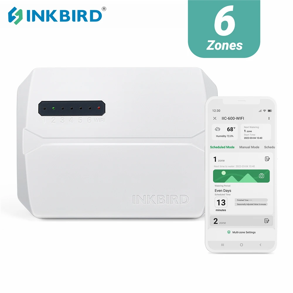 

INKBIRD IIC-600-WiFi Garden Watering Timer Smart Sprinkler Drip Irrigation System 6 Zones Water Controller Free App Monitoring