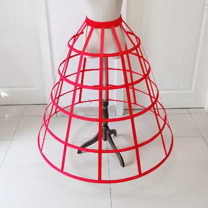 Petticoat Skirt Ladies Red Hollow Cage 5 Hoops Floor Length Pannier Bustle Underskirt