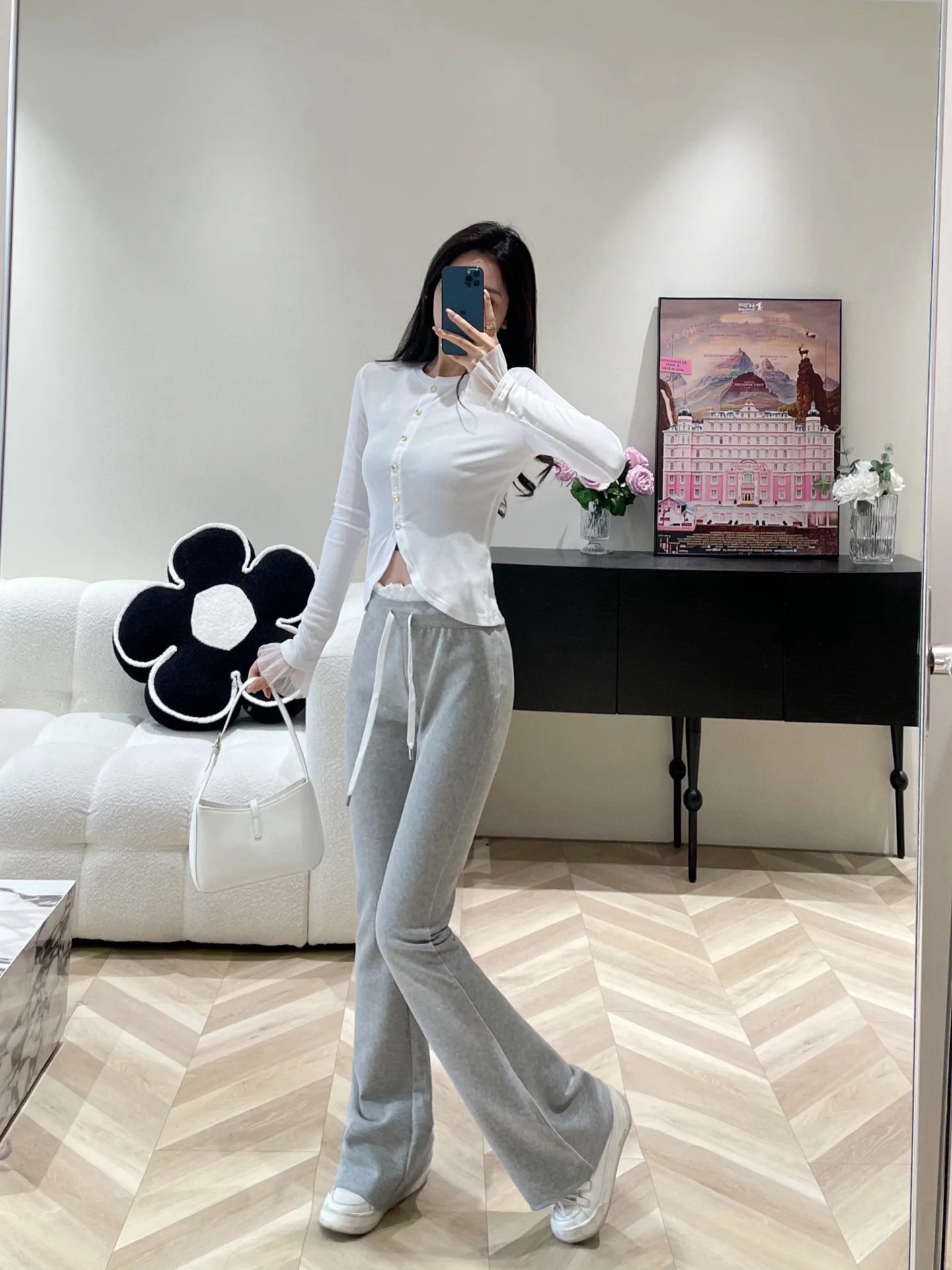 

Contrast color double waist casual bootcut trousers0325