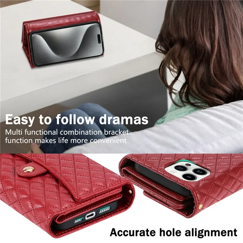 Versatile Crossbody Lanyard Leather Zipper Wallet Phone Case with Wrist Rope Cover