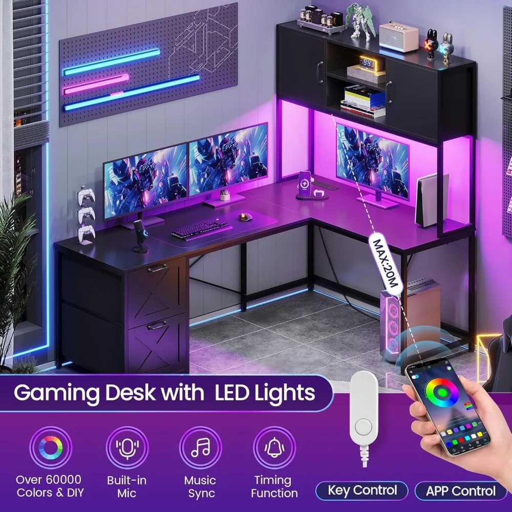 Corner Computer Desk, Reversible L Shaped Computer Desk with Fabric Drawers and Power Outlet, Gaming Desk with Led Lights, Hutc 3