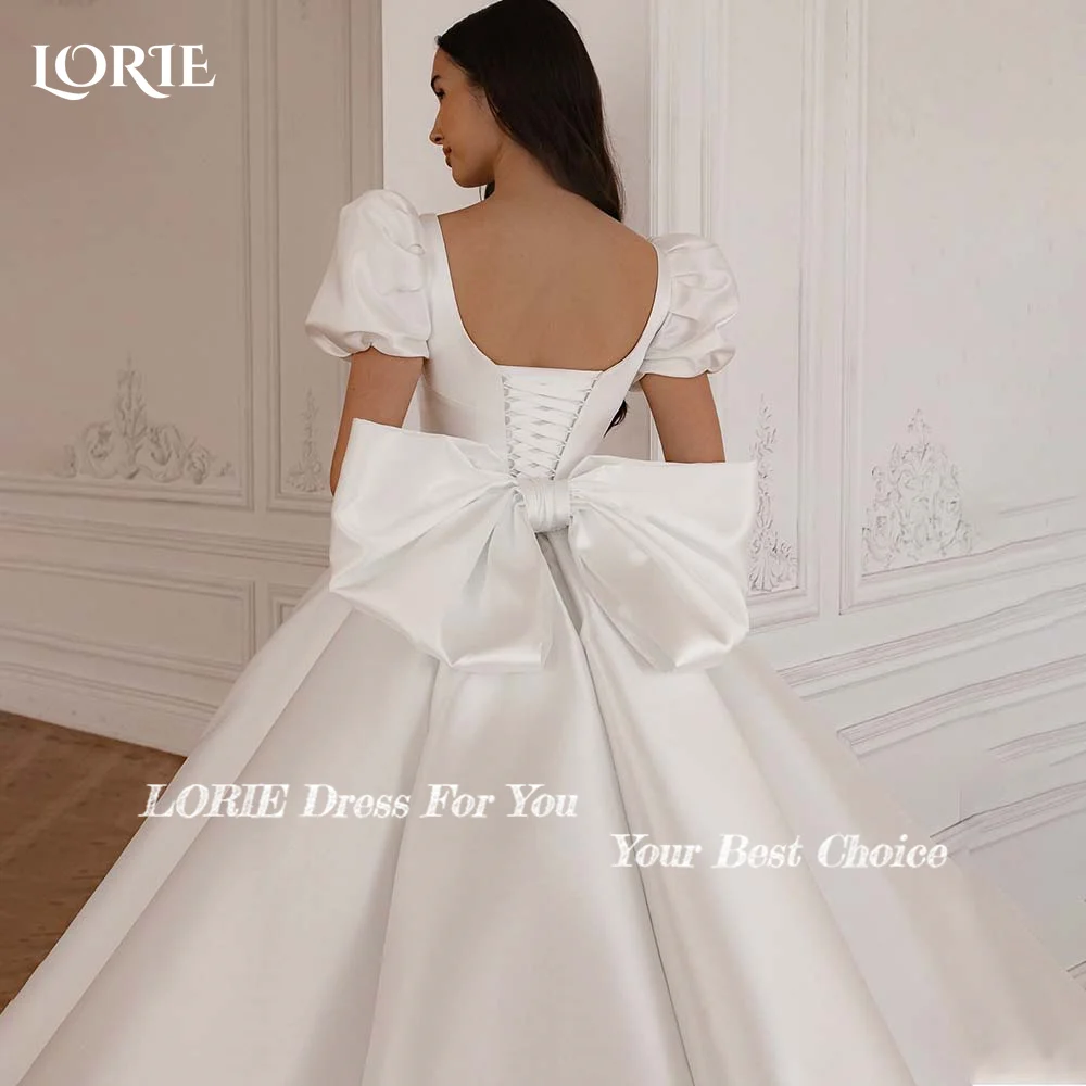 LORIE Elegant Women's Wedding Dress Satin Backless Puff Sleeve A-line Bride Gowns Smiple Bow Bride Party Dress vestidos de novia 2