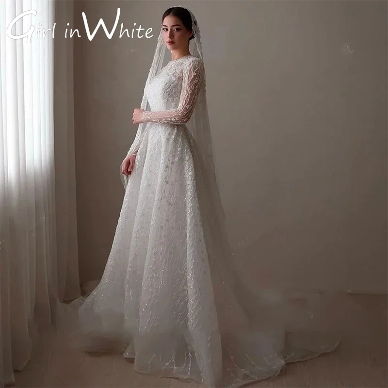 Wedding Dress Bead O-Neck 2026 Embroidery A-Line Ballgown Long Sleeves Lace Applique Customized Bride Dress Vestido De Novia
