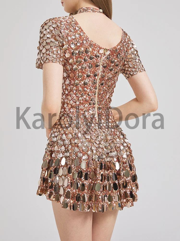 Sexy Khaki Shell Sequins Mini Dress Nightclub Dance High Quality Performance Clothing Bodysuit Birthday Red Luxury Dresses dance dress rhinestones dress sexy evening dress