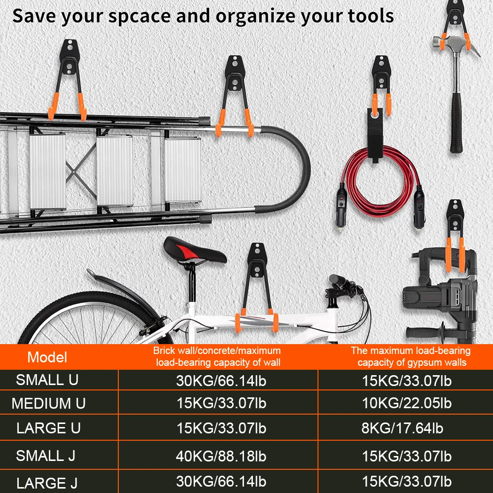 10 PCS Heavy Duty Metal Hook Wall Mount Hook Stand Bicycle Garage Organizer Anti-slip Storage Hook for Ladders Garden Tool 4