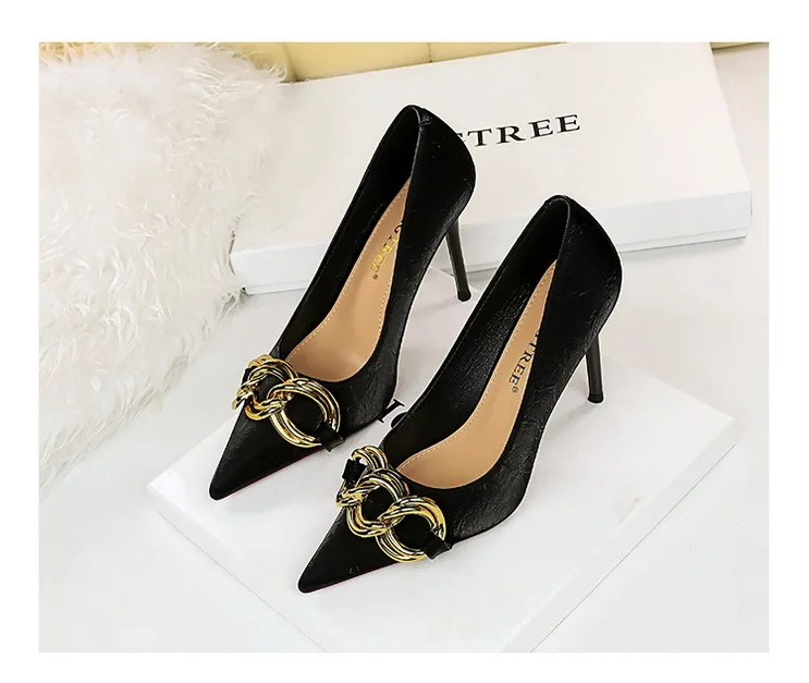Women 7.5cm 9.5cm High Heels Escarpins Pumps Lady Metal Chain Low Heels Fetish Nightclub Slim Fit Party Green Office Prom Shoes