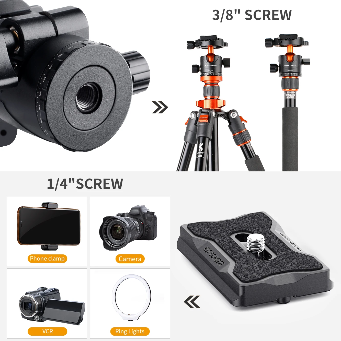 K&F Concept Metal Tripod Ball Head 360&deg; Rotating Panoramic with 1/4 inch Quick Release Plate Bubble for Tripod Monopod Camera