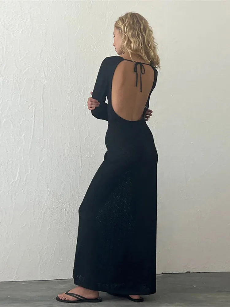 

Женское однотонное трикотажное платье макси с открытой спиной, элегантное облегающее платье с круглым вырезом и длинными рукавами, Женская Осенняя модель, Клубная одежда, платье