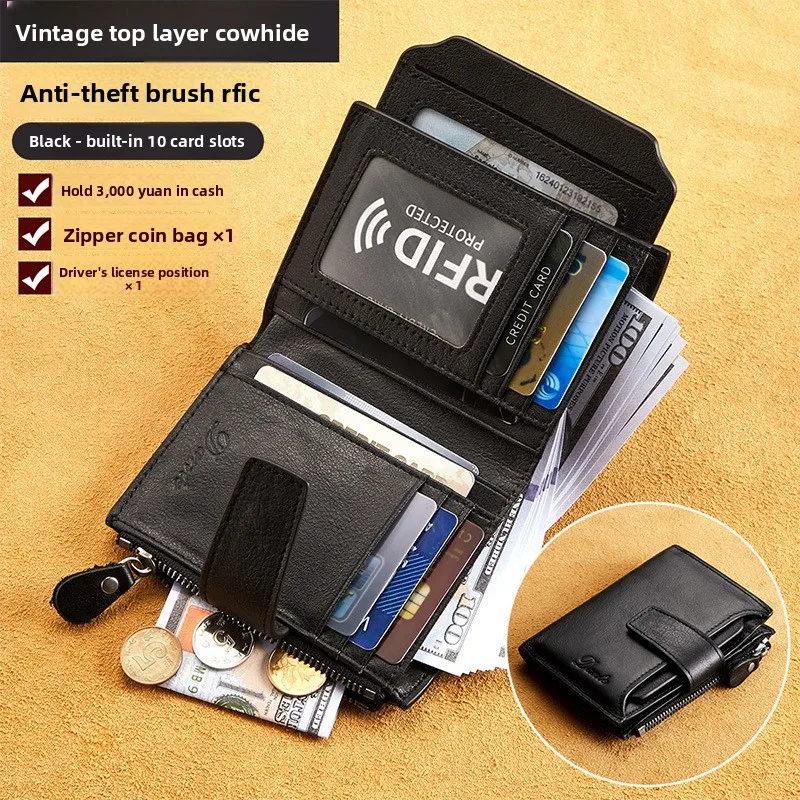 Men's Short Genuine Leather Wallet Top Layer Cowhide RFID Anti-theft Fashion Casual Money Clip with Driver's License Holder