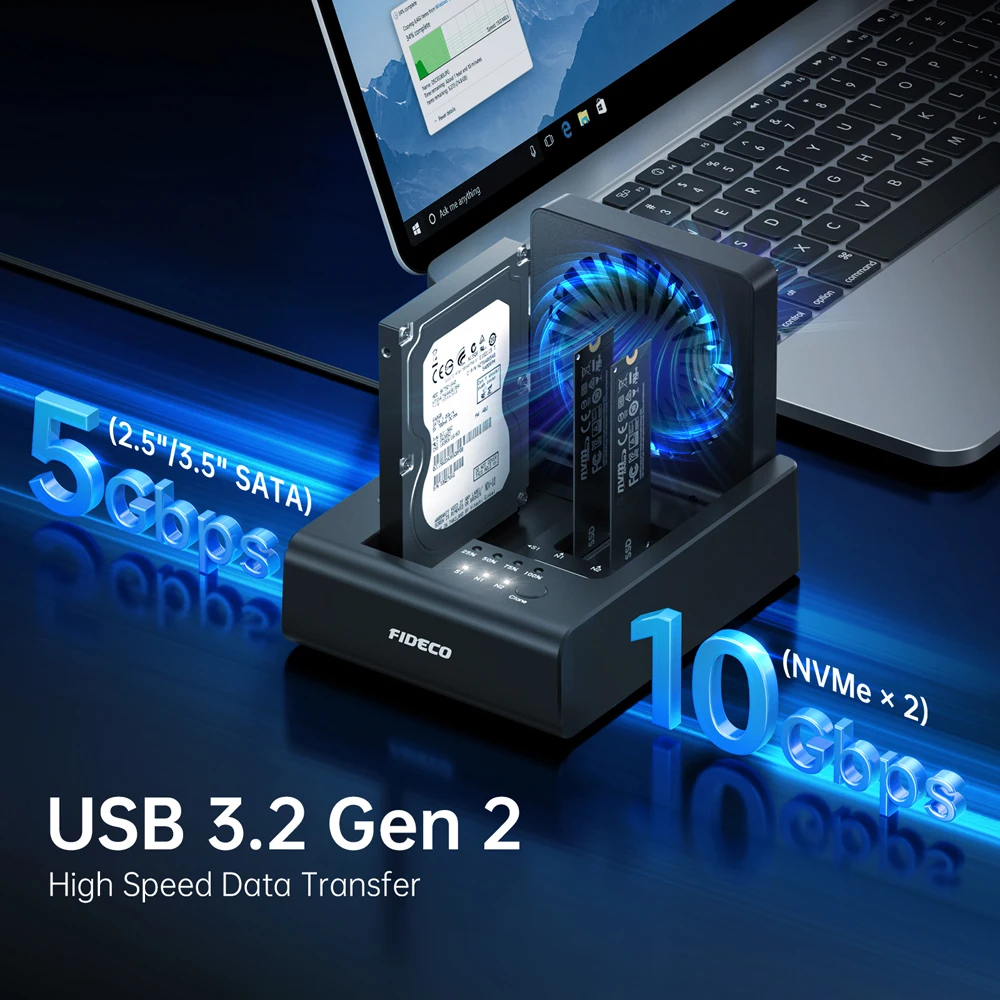 FIDECO 2/3 베이 하드 드라이브 도킹 스테이션 (M.2 NVMe SSD 및 2.5/3.5인치 SATA HDD용, 양방향 오프라인 복제 기능 및 팬 포함)