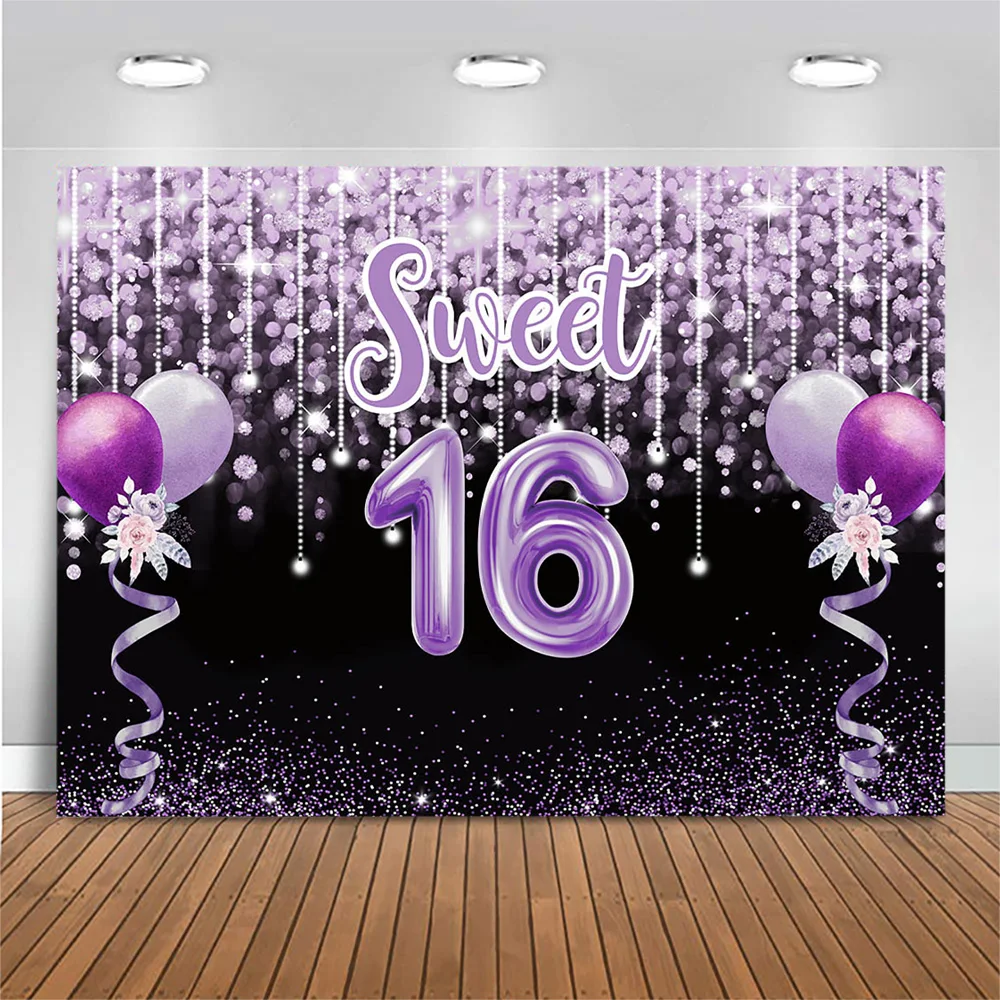 Mocsicka Glitter Sweet 16 Backdrop Girl 16th Birthday Party Photo Background High Heels Diamond Decoration Photography Backdrops