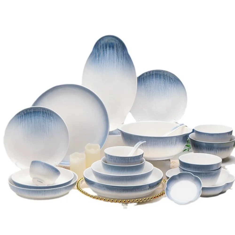 Handmade Ceramic Dinnerware Sets-Reactive Glaze Plates Bowls, Dishwasher Microwave Safe, Blue Relievo Design，Durable Dishes Set