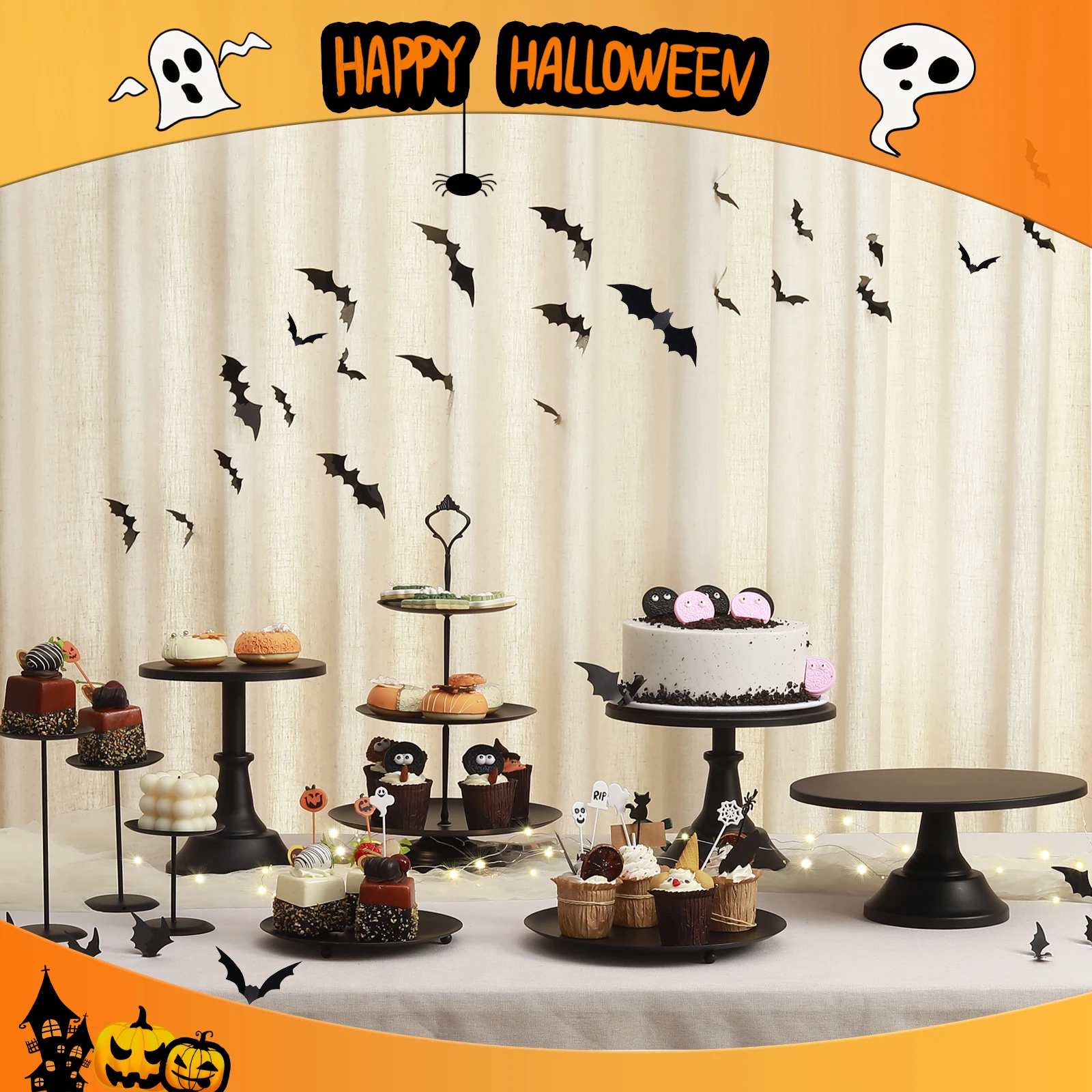9Pcs Black Cake Stand Set with Halloween Decorations- LED String Lights, Dessert Table Display Set, Cupcake Stands for Party