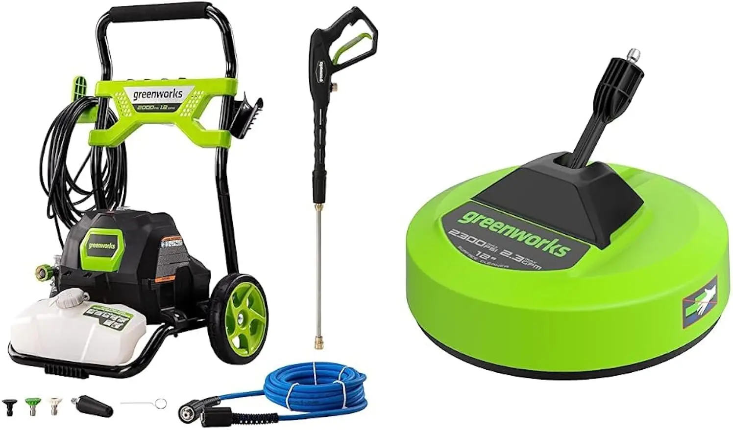 

Greenworks 2000 PSI 1.2 GPM Pressure Washer (Open Frame GPW2003) GPW2003 & 12" (in.) Surface Cleaner Pressure Washer Attachment