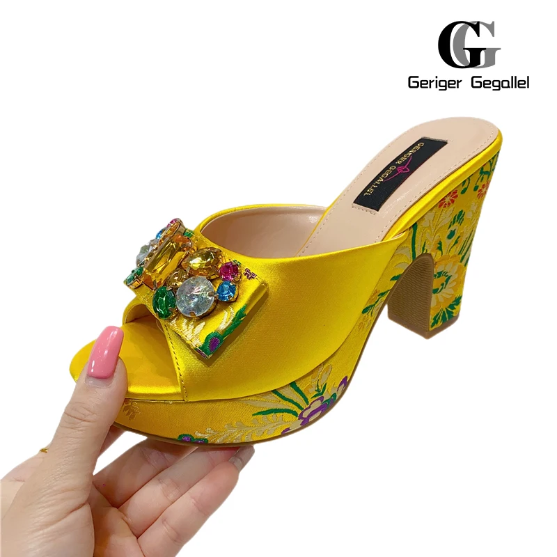 Gold Shiny Crystal Gem High Heels African Party Embroidery Stitching Women's Shoes 2023 Summer Hot Sale