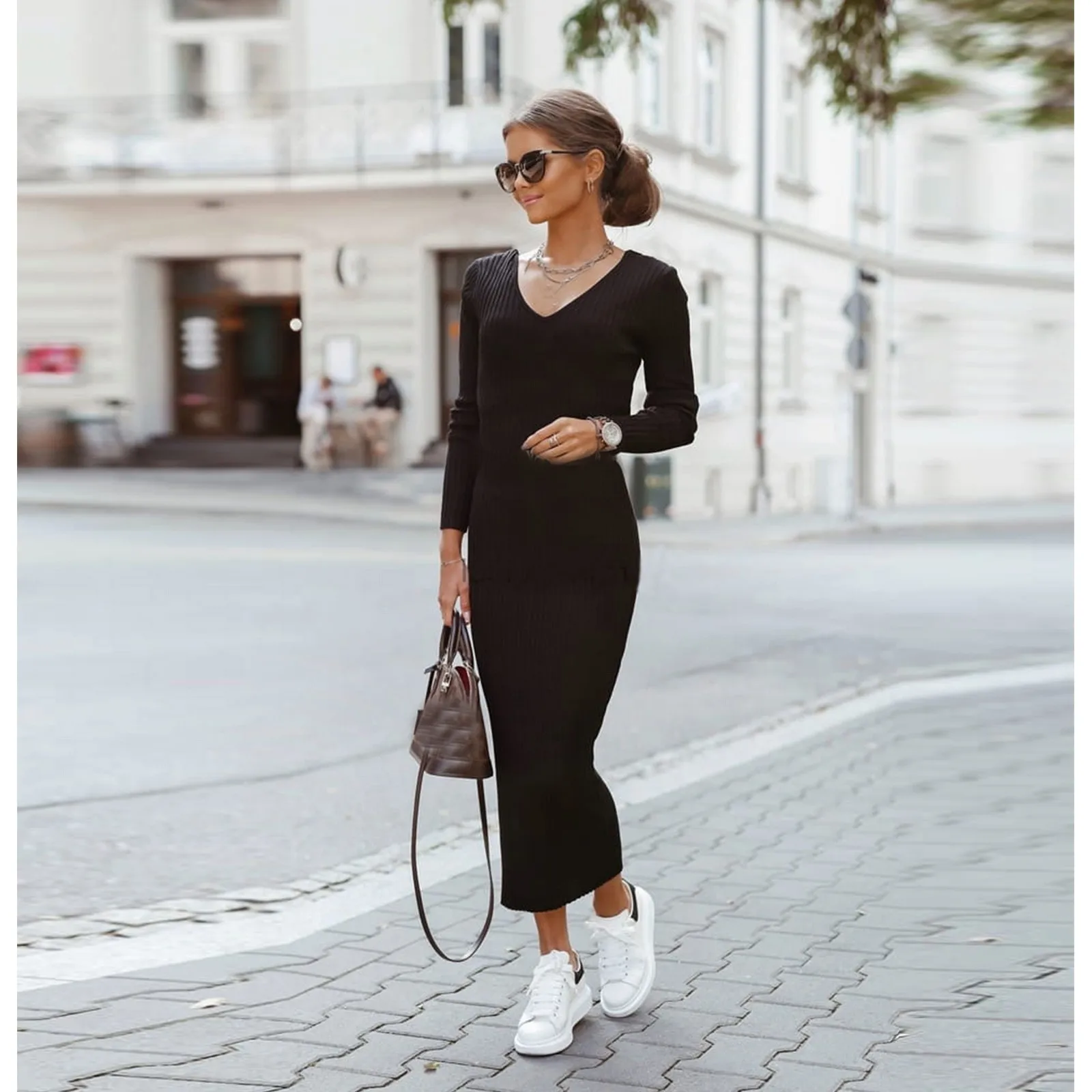 Luxury Long Dresses For Women Fashion Long Sleeve Dress V Neck Plain Ribbed  Dress Casual Winter Women Clothing Vestidos Mujer - AliExpress