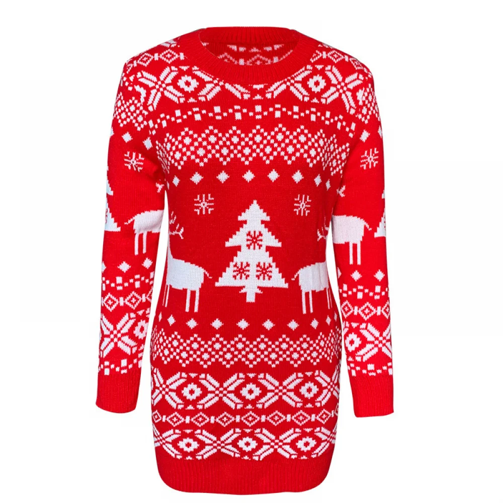 thumbnail image 1 of Vestido navideño de manga larga con estampado navideño para mujer, informal, estilo jerséis a la cadera, para fiesta, 2024, 1 of 4