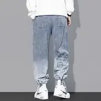 Vêtements coréens hommes lettre imprimé jean taille haute Baggy jean dessin animé Graffiti Hip-Hop pantalon jean bleu 6