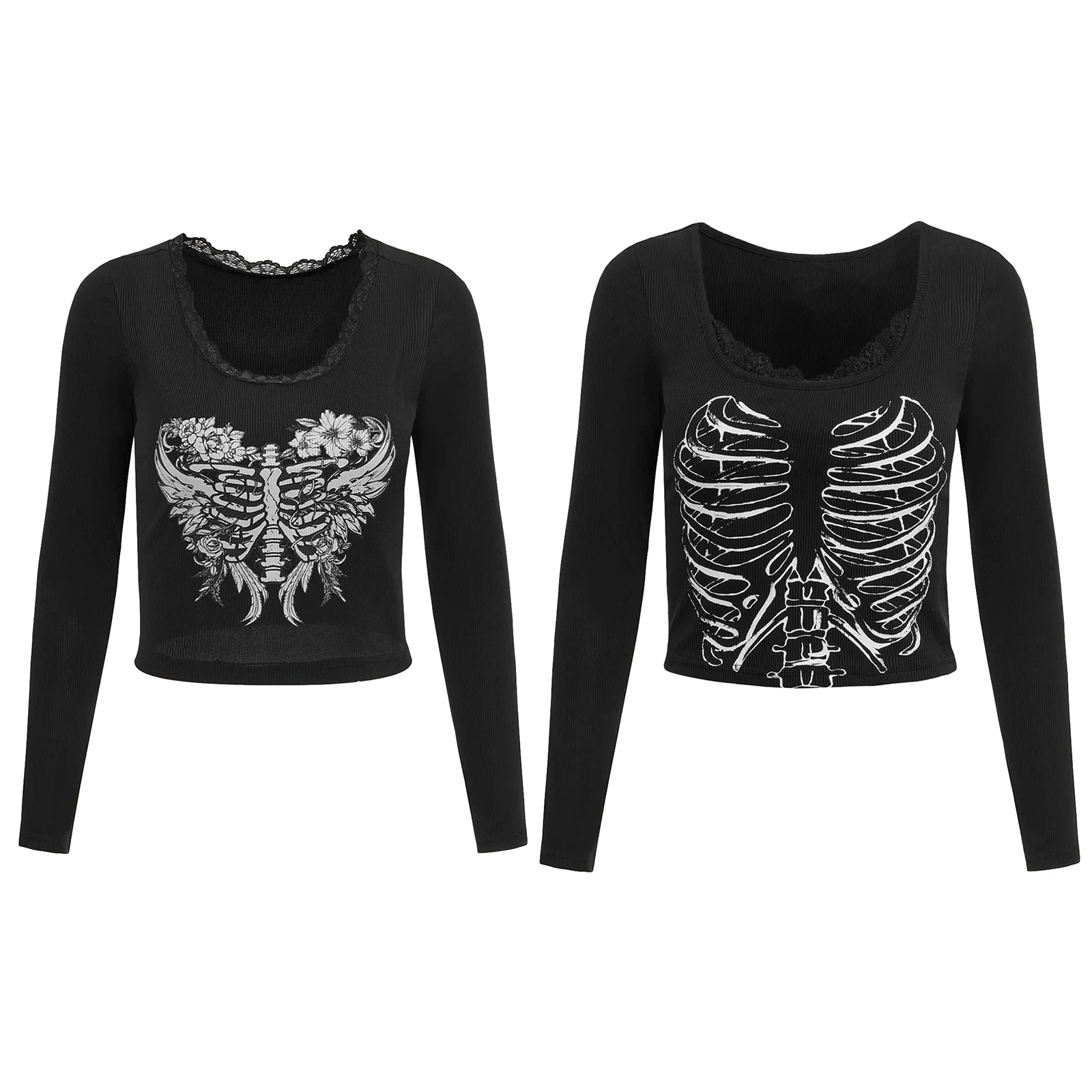 

Combhasaki Women's Y2K Skeleton Print Long Sleeve Lace Trim Round Neck Halloween Street Goth Aesthetic Grunge Crop T-Shirts