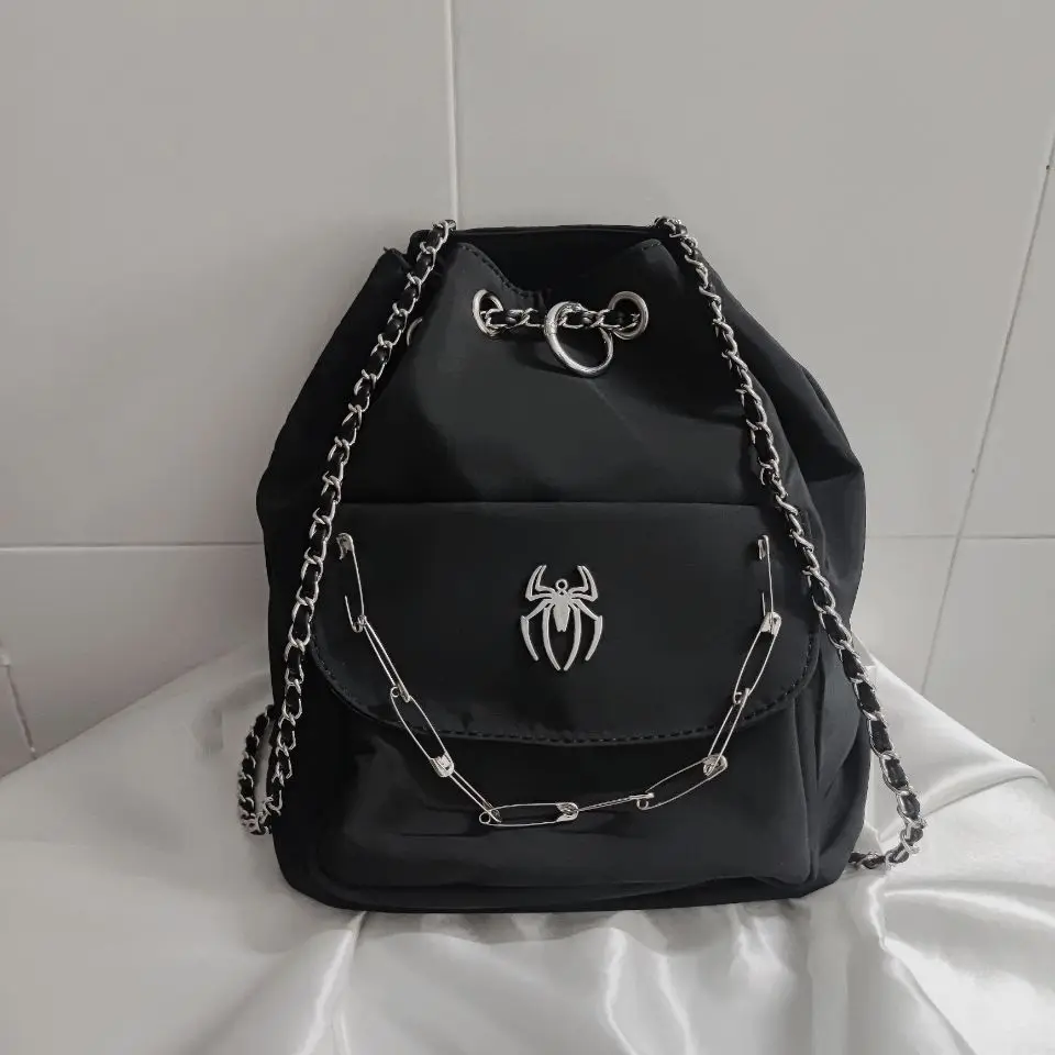 

Y2k Aesthetics 2023 Black Spider Chain Drawstring Rock Gothic Backpack for Women Circle Punk Cool Black Europe America Knapsack