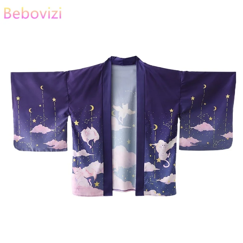 2021 New Loose Purple Kawaii Cats Print Japanese Streetwear