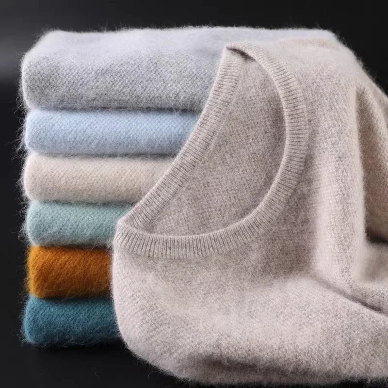 Men's Round Neck 100% Mink Cashmere Sweater Thickened Solid Color Warm Pullover Knitted Bottoming Sweater Autumn Winter