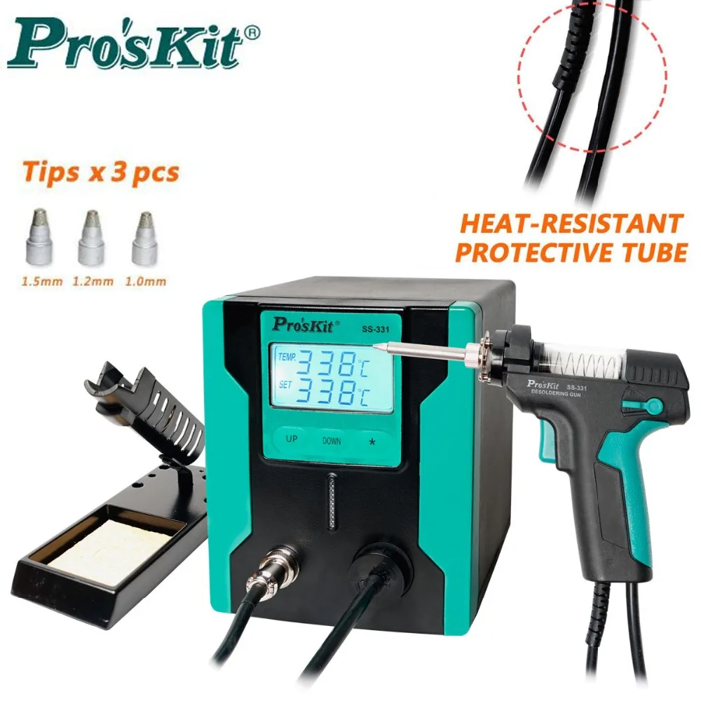 새로 업그레이드된 Pro'sKit SS-331H ESD LCD 디지털 전기 디솔더링 펌프 BGA 디솔더링 흡입 진공 솔더 서커 건