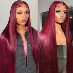 99J Burgundy 13x4 Transparent Straight Lace Front Human Hair Wigs 28 30Inch Brazilian Red Colored Lace Frontal Wig for Women
