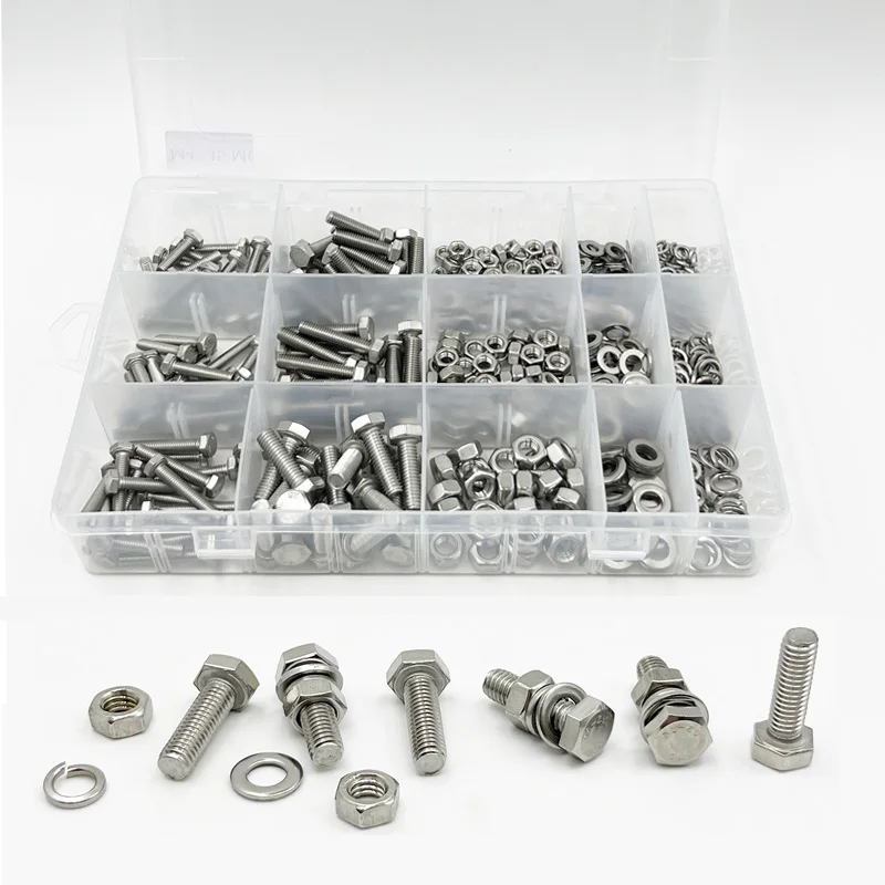 Parafuso de Cabeça Sextavada Externo com Arruela de Porca 304 Tampa Sextavada Din933 m4 m5 m6 510 Pcs Conjunto Aço Inoxidável