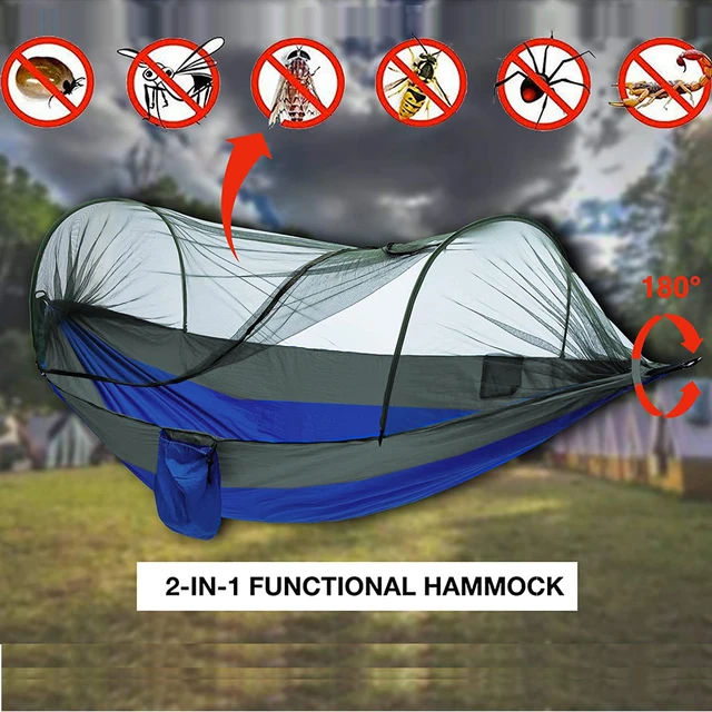 Double Camping Hammock with Mosquito Netting Pop-up Portable Hammock Ultralight Nylon Parachute Hammocks with Tree Straps 2