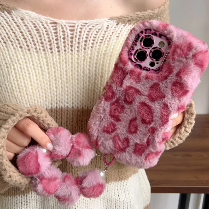 Leopard Fluffy Fur Case with Kickstand and Camera Lens Protection