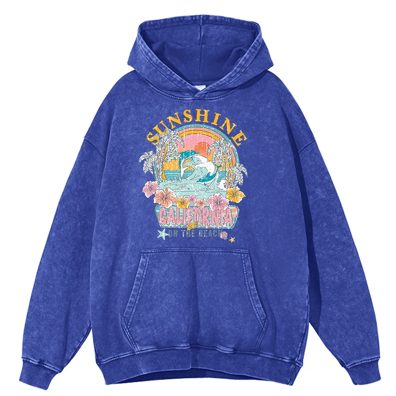 thumbnail image 1 of Sudadera con capucha retro desgastada con lavado Sunshine California On The Beach para hombre, sudadera de hip hop, sudadera de moda, sudadera con capucha 100 % algodón de gran tamaño, 1 of 5