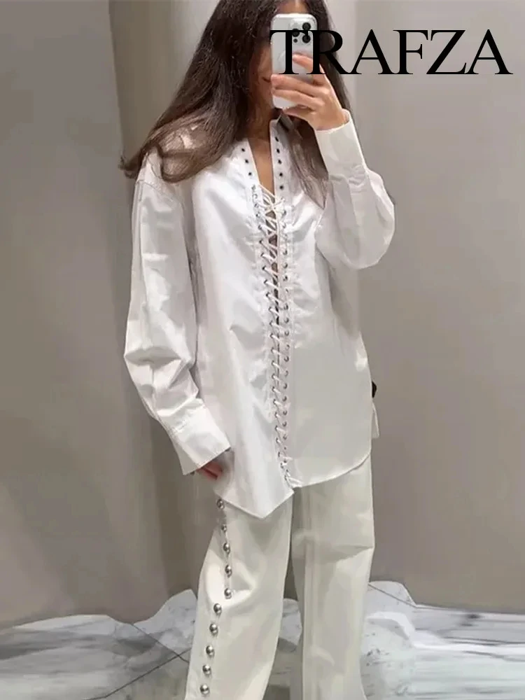 TRAFZA Spring Women's Long Sleeves Hollow Lapel Lace Decorate White Blouses Top Woman Fashion Loose Commuting Casual Shirts Top