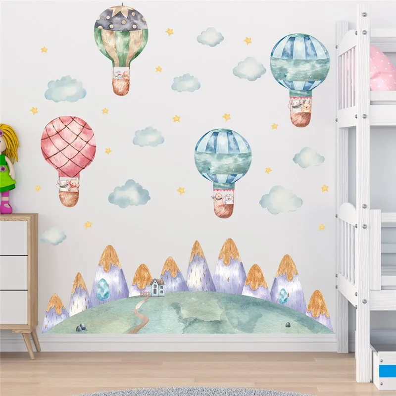 Cartoon Animals Travelling On Balloons Wall Stickers For Kids Bedroom Decoration Scenery Mural Art Diy Home Decals Pvc Posters golden yellow grassland print wall hanging tapestry scenery foresttapestries mural carpet bedroom decoration wall hangings