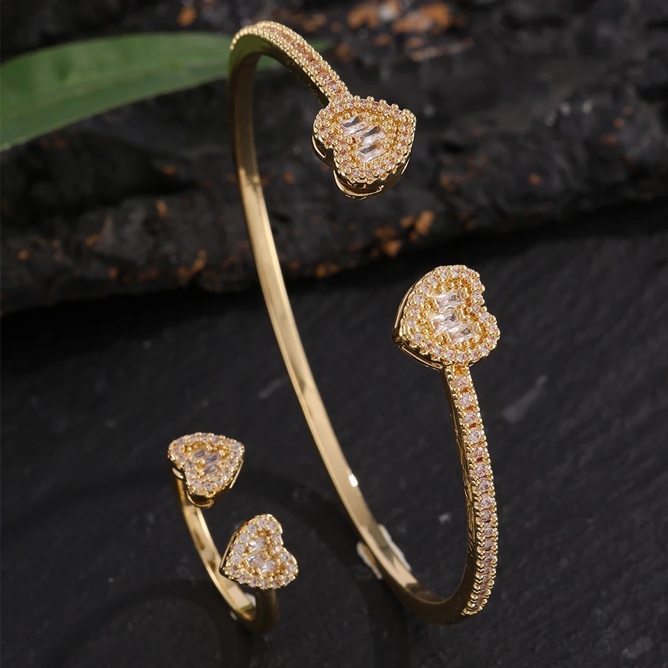 ZAKOL 2 Stück/Set funkelnde Zirkonia-Herz-Armbänder mit offenem Ring für Damen, schlicht, elegant, für Jahrestag, Geburtstag, Schmuck, Geschenk