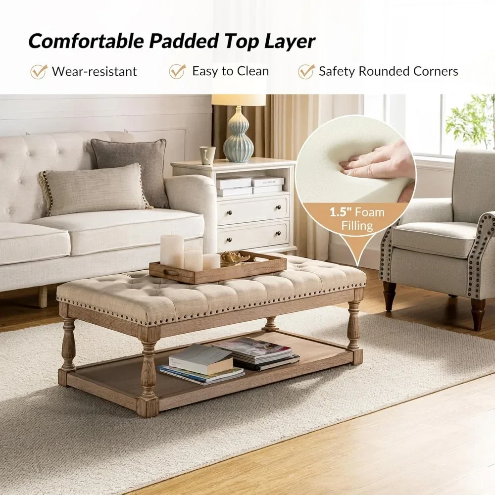 Coffee Table with Tray, Tufted Ottoman with Solid Wood Storage Shelf, Upholstered Large Footrest Ottoman, Living Room Table 4
