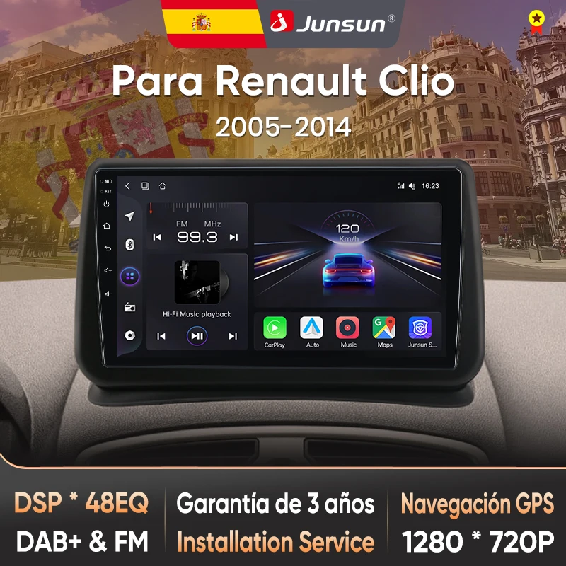 Junsun Autoradio für Renault Clio 3 2005 2006-2014, kabelloses CarPlay, Android Auto, intelligente Systeme, IPS/QLED-Touchscreen, 360°-Kamera, DSP, GPS-Navigation, WiFi, DAB+, RDS, FM/RAM, BT, SWC, Plug-and-Play, 2DIN