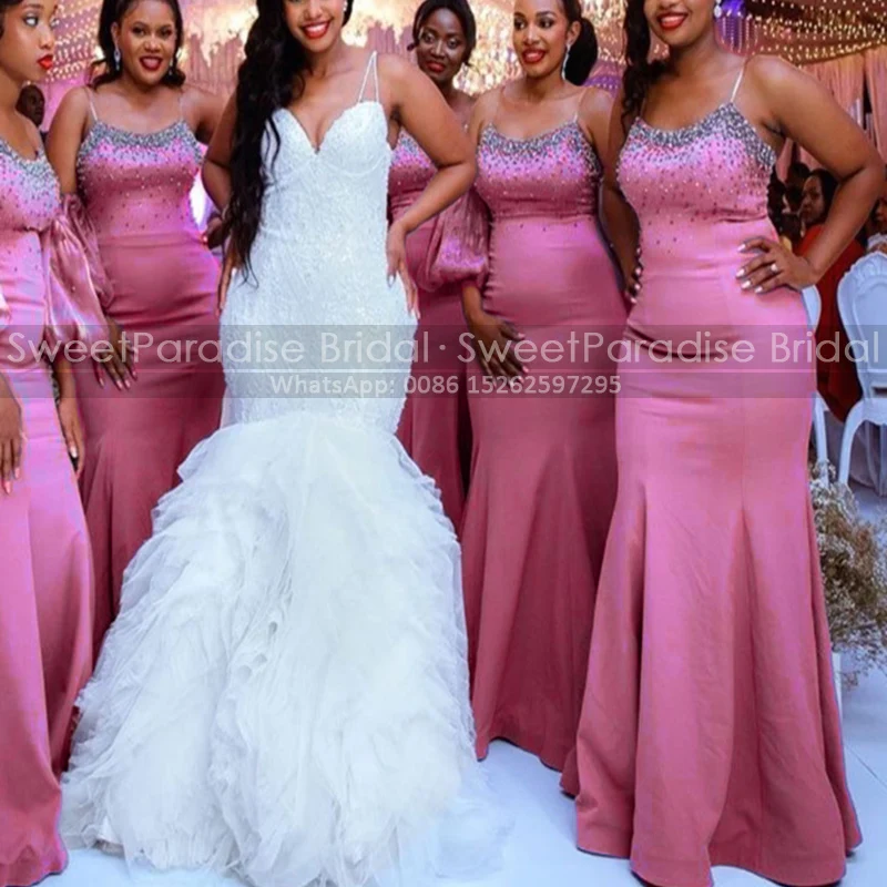 

Trumpet Heavily Beaded Bridesmaid Dresses Long Spaghetti Straps Dark Pink Satin Mermaid Plus Size Women Wedding Party Dress