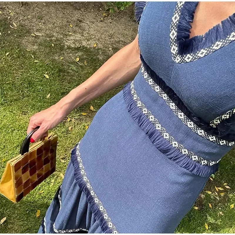 Chic Elegant Tassel Spliced Print Ruffles Long Dress Women Fashion V Neck Sleeveless A-line Robe Chic Lady Holiday Robe