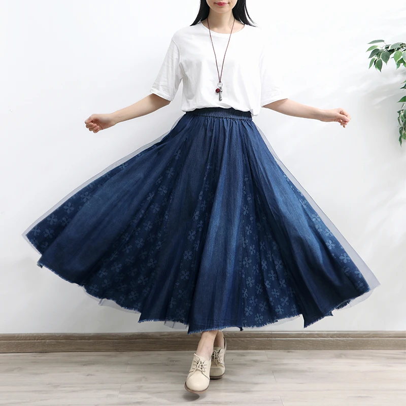 TIYIHAILEY Free Shipping 2022 New Long Maxi A-line Skirt Women Elastic Waist Spring Autumn Denim Jeans Vintage Big Hem Mesh free shipping high quality silk printing mesh polyester screen bolting cloth 120t 34um 310cm 50m