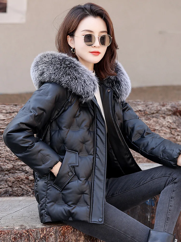 New Women Sheep Leather Down Jacket Winter Fashion Hooded Real Fox Fur Collar Thicken Warm Leather Coat Casual Loose Topscoat