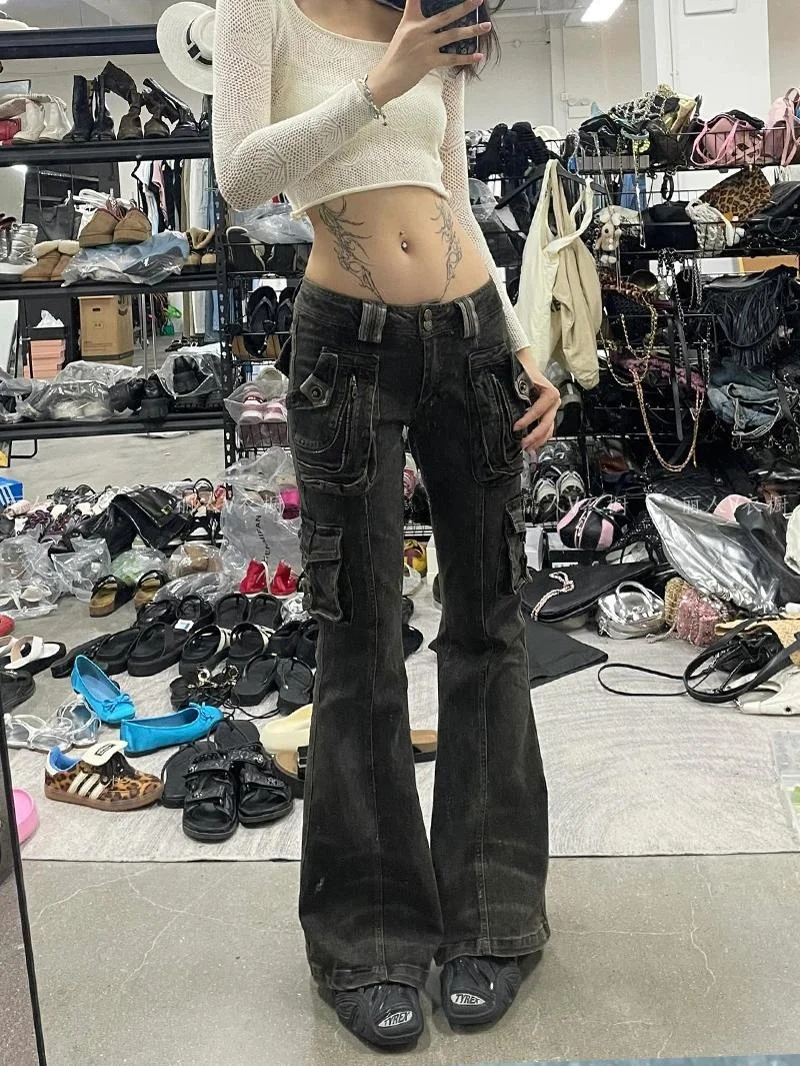 미국 하이 스트리트 Y2K 스파이시 걸 디자인 멀티 포켓 워크 팬츠 여성용 신상 2025 워시드 빈티지 마이크로 플레어 팬츠 - AliExpress