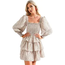 

2022 Spring and Summer New Floral Long-sleeved Cake Dress with Waist Waist Sexy Temperament Halter Chiffon Women's Fashion Dress
