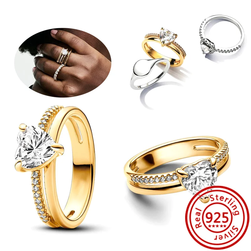 Authentic 925 Sterling Silver Moon Sun Day Night Organically Shaped Stacking Heart Pearl Sparkling CZ Pantaro Rings Fine Jewelry 5