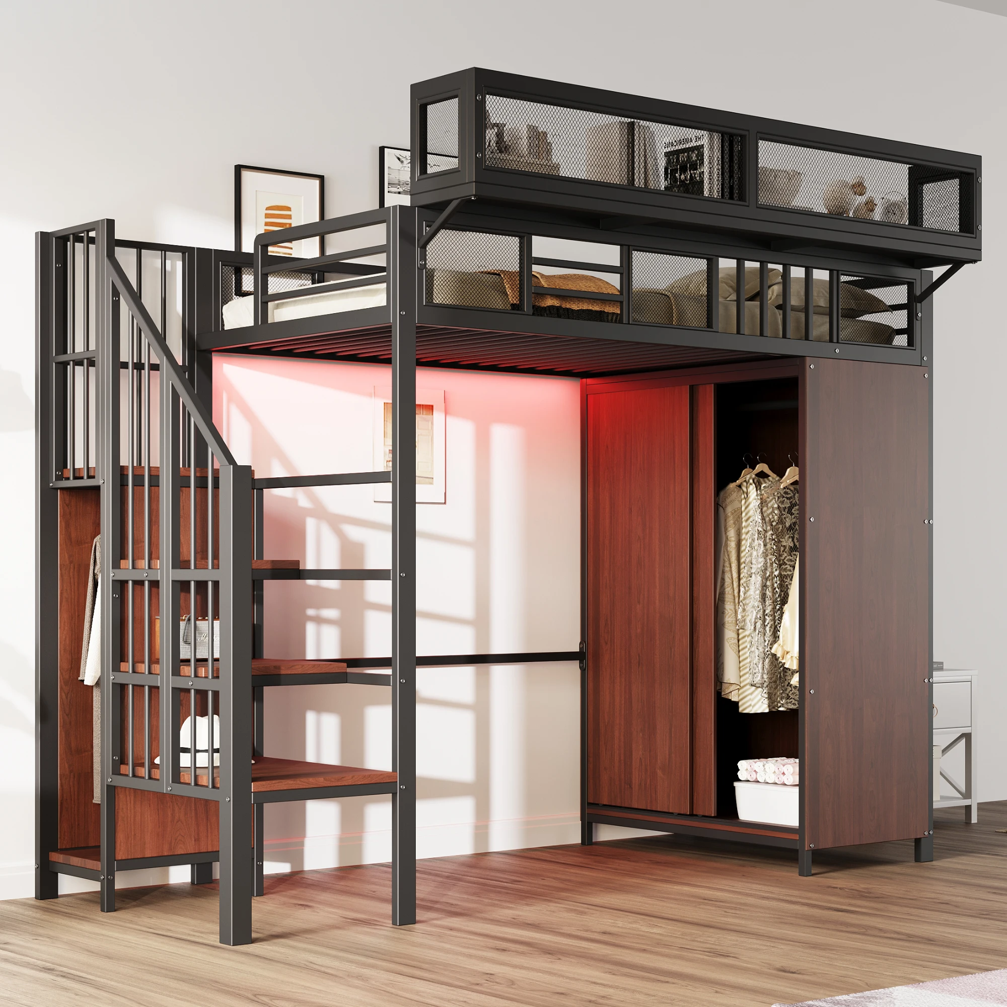 Multifunktionales Hochbett aus Metall, 90 x 200 cm, mit Kleiderschrank, Sicherheitsleiter, LED-Beleuchtung, Sicherheitsgitter, stabiles Bett für Kinder und Jugendliche – Detail 1
