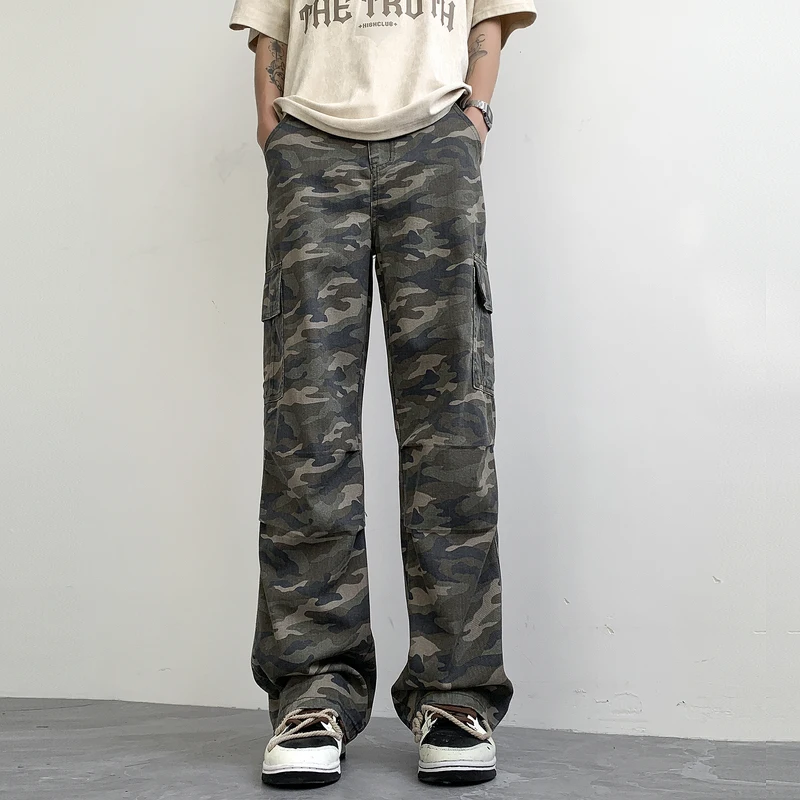 Camouflage Cargo Pants Unisex Y2K Retro 100 Cotton Multi-Pocket Wide Leg Pants Men's Tactical Street Clothing Straight Leg Pants