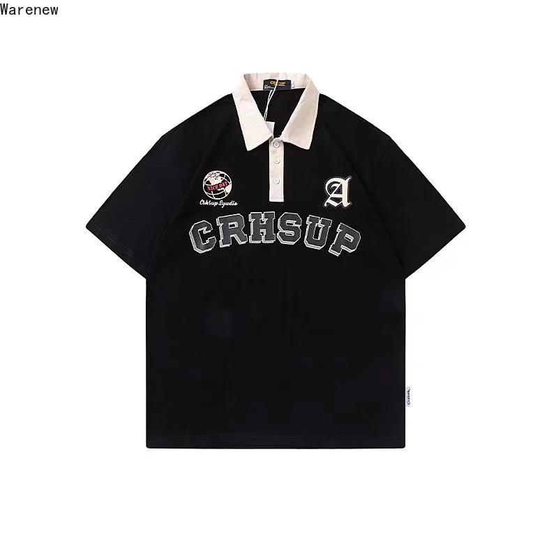 

American Retro Turn-down Collar Letter Print Loose Blouses 2023 Summer Women's Casual Streetwear Short Sleeve Baggy Shirts Top